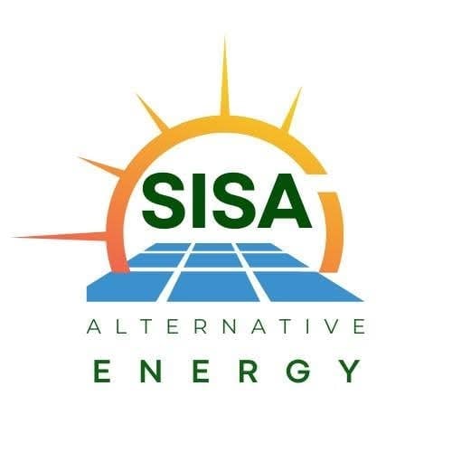 SISA Alternative Energy logo featuring a stylized sun above solar panels in orange, green, and blue